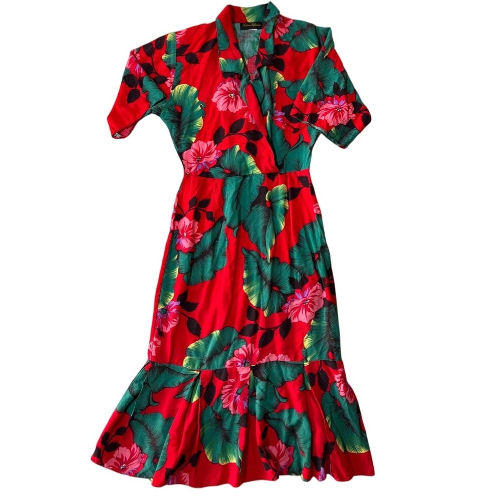 Vintage Positive Influence Tropical Floral Midi Dress Ruffle Hem Womens